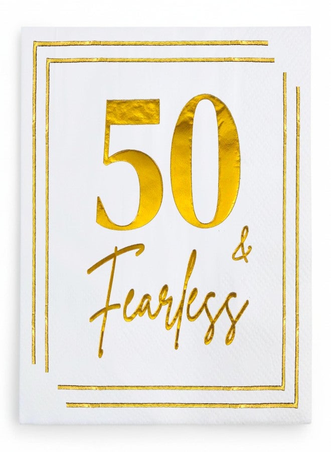 Cloverjoyed 50th Birthday Cocktail Napkins, Gold 50 Years Old Bday Party Decorations, "50 & Fearless" Disposable Paper Napkin Decor for Women & Men, Milestone Anniversary Celebration, Fabulous Gift Ideas, 50 Pack - Image 1